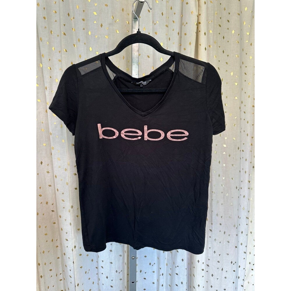 Bebe Sport Metallic Rose Gold Signature Logo Sheer Mesh Shoulder Panels Top S